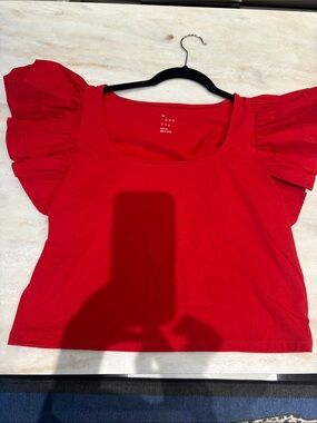 a new day Red Ruffle Sleeve Scoop Neck Crop Top